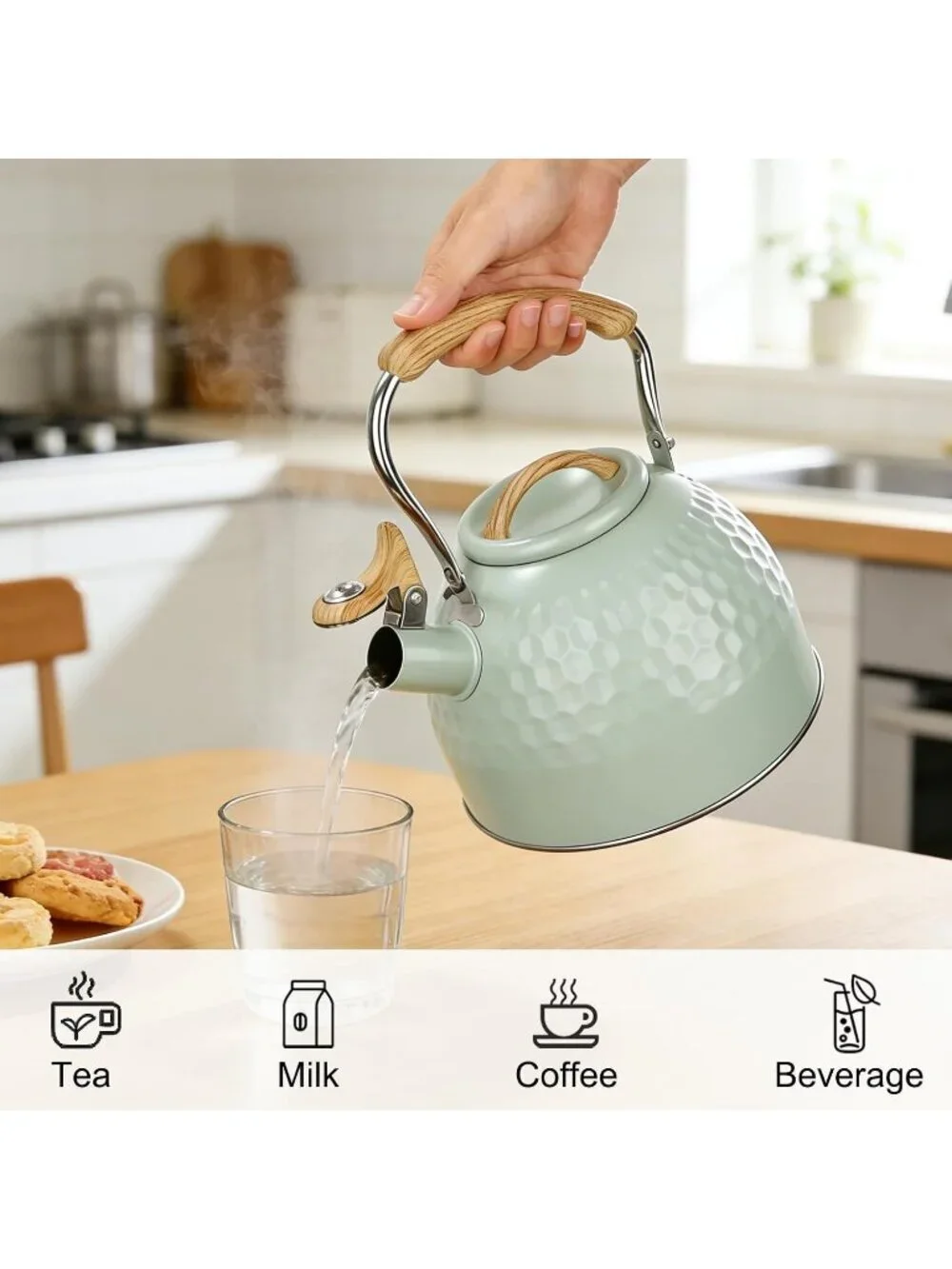 Green Kitchen Whistling Tea Kettle 3 L Stainless Steel Stovetop Folding Handle
